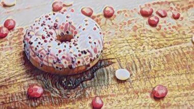 Tatlılarla süslenmiş pembe çörekler. Makro ve kaydırma atışı. Tatlı, jöleli tatlılar. Fırın ve yemek konsepti. Çeşitli renkli çörekler. Çikolata, pembe, mavi çörekler 4K, UHD.