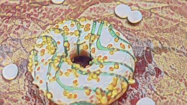 Жовті Пончики Прикрашені Синім Глазур Пончики Шматку Паперу Прикрашеному Цукерками — стокове відео