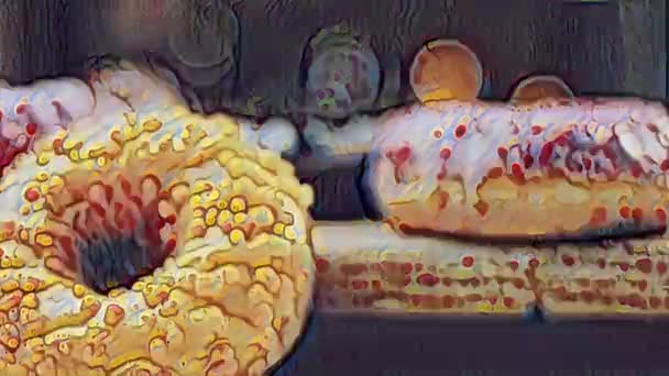 Шоколад Маршмелло Шоколадные Пончики Подносе Выпечки Ретро Пончики Бумаге Украшены — стоковое видео