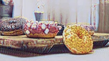 Çikolata, marşmelov ve retro pişirme tepsisindeki şekerli çörekler. Donutlar doğal çikolatayla süslenmiş bir kağıdın üzerinde. Makro ve kaydırma atışı. Çeşitli renkli çörekler. Çikolata, pembe, mavi çörekler