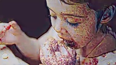 Kız donut yiyor. Çikolata, marşmelov ve retro pişirme tepsisindeki şekerli çörekler. Donutlar doğal çikolatayla süslenmiş bir kağıdın üzerinde. Makro ve kaydırma atışı. Çeşitli renkli çörekler.