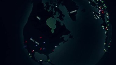 Siber saldırı için farklı hedefleri olan bir dünya haritası. Hackleme ve teknoloji konsepti. Monitör piksellerinde makro çekim.