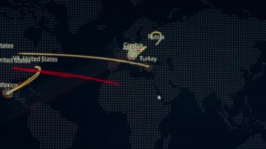Siber saldırı için farklı hedefleri olan bir dünya haritası. Hackleme ve teknoloji konsepti. Monitör piksellerinde makro çekim.