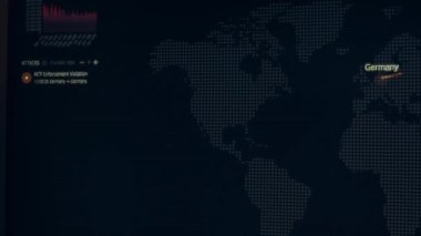 Siber saldırı için farklı hedefleri olan bir dünya haritası. Hackleme ve teknoloji konsepti. Monitör piksellerinde makro çekim.