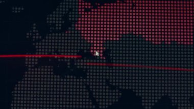 Siber saldırı için farklı hedefleri olan bir dünya haritası. Hackleme ve teknoloji konsepti. Monitör piksellerinde makro çekim.