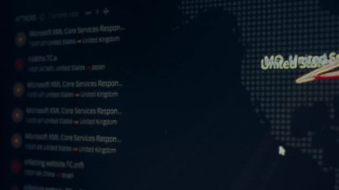 Siber saldırı için farklı hedefleri olan bir dünya haritası. Hackleme ve teknoloji konsepti. Monitör piksellerinde makro çekim.