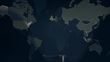 Siber saldırı için farklı hedefleri olan bir dünya haritası. Hackleme ve teknoloji konsepti. Monitör piksellerinde makro çekim.