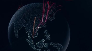 Siber saldırı için farklı hedefleri olan bir dünya haritası. Hackleme ve teknoloji konsepti. Monitör piksellerinde makro çekim.