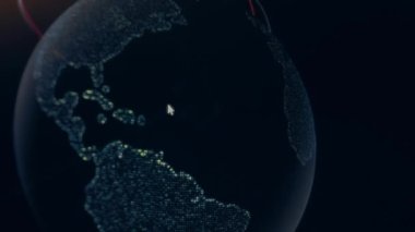 Siber saldırı için farklı hedefleri olan bir dünya haritası. Hackleme ve teknoloji konsepti. Monitör piksellerinde makro çekim.