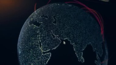 Siber saldırı için farklı hedefleri olan bir dünya haritası. Hackleme ve teknoloji konsepti. Monitör piksellerinde makro çekim.