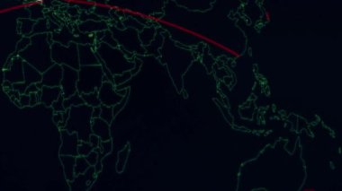 Siber saldırı için farklı hedefleri olan bir dünya haritası. Hackleme ve teknoloji konsepti. Monitör piksellerinde makro çekim.
