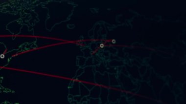 Siber saldırı için farklı hedefleri olan bir dünya haritası. Hackleme ve teknoloji konsepti. Monitör piksellerinde makro çekim.