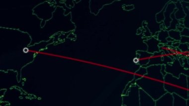 Siber saldırı için farklı hedefleri olan bir dünya haritası. Hackleme ve teknoloji konsepti. Monitör piksellerinde makro çekim.
