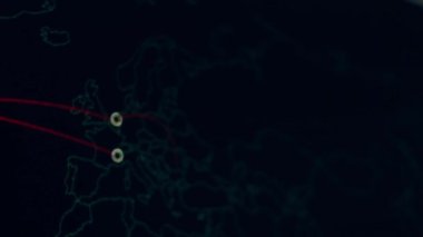 Siber saldırı için farklı hedefleri olan bir dünya haritası. Hackleme ve teknoloji konsepti. Monitör piksellerinde makro çekim.