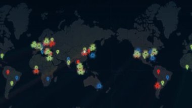 Siber saldırı için farklı hedefleri olan bir dünya haritası. Hackleme ve teknoloji konsepti. Monitör piksellerinde makro çekim.