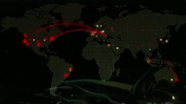 Siber saldırı için farklı hedefleri olan bir dünya haritası. Hackleme ve teknoloji konsepti. Makro monitör piksellerine ateş ediyor. Panik etkisi.