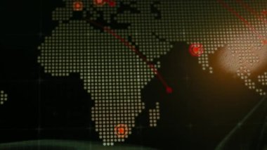 Siber saldırı için farklı hedefleri olan bir dünya haritası. Hackleme ve teknoloji konsepti. Makro monitör piksellerine ateş ediyor. Panik etkisi.