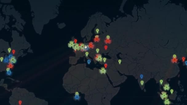Карта Світу Різними Цілями Кібератаки Хакерство Концепція Технології Макрозйомка Пікселях — стокове відео