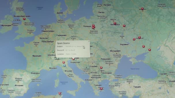 Mapa Świata Różnymi Celami Cyberataku Hakowanie Koncepcja Technologii Zdjęcia Makro — Wideo stockowe