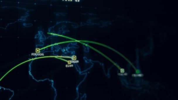 Wereldkaart Met Verschillende Doelen Voor Cyberaanval Hacken Technologie Concept Macro — Stockvideo
