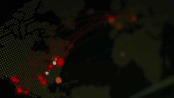 具有不同网络攻击目标的世界地图 黑客和技术概念 宏射击监视器像素 恐慌的影响 — 图库视频影像
