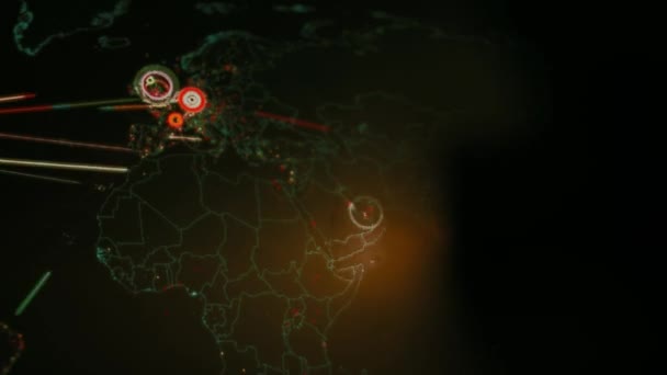 Mapa Světa Různými Cíli Pro Kybernetický Útok Hackerský Technologický Koncept — Stock video