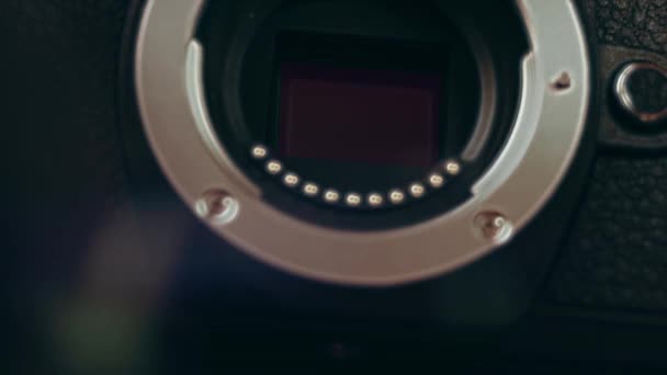 Focando Lente Câmera Digital Lente Câmara Close Concentração Câmera Tiro — Vídeo de Stock