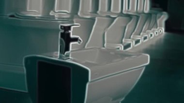 Dönen klozet. Film stüdyosu. Arka planda bir sıra tuvalet var. 4k video