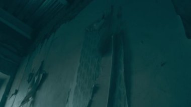 Destruction: ruin of abandoned and demolished building after a war, grenade explosion or cataclysm. Bare walls of derelict old house due to hurricane, earthquake or tsunami damage.