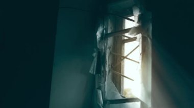 Destruction: ruin of abandoned and demolished building after a war, grenade explosion or cataclysm. Bare walls of derelict old house due to hurricane, earthquake or tsunami damage.