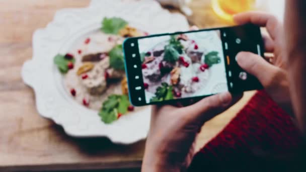 Знімаючи Фотографії Телефону Сатсіві Качкою Горіхами Традиційна Грузинська Кухня — стокове відео
