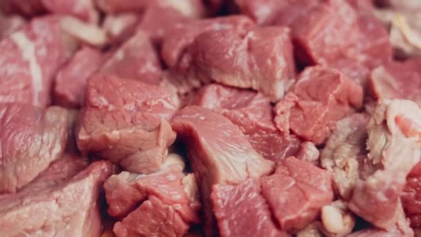 Carne Cortada Cuadrados Disparos Desde Control Deslizante Macro — Vídeos de Stock