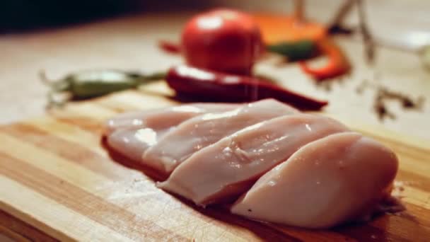 Close Raw Chicken Breast Fillet Being Salted Rustic Wooden Setting — Stock Video