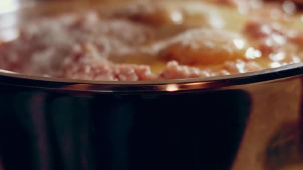 用盐和黑胡椒调味后 金属碗里塞满了肉 后来居上的烹调小刀的过程 — 图库视频影像