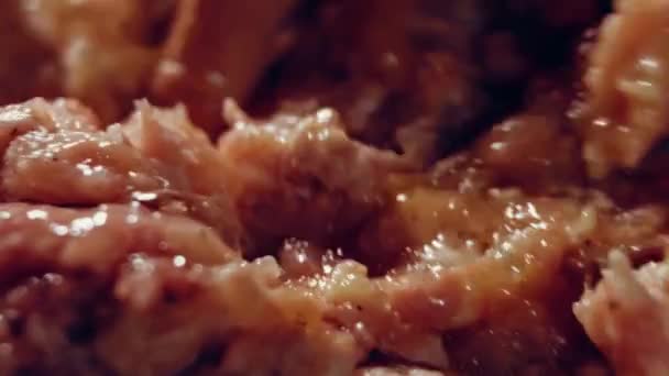 Close Seasoning Salt Black Pepper Stuffed Meat Metallic Bowl Process — Stock Video