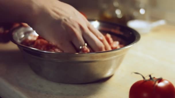 拉维里灌装混合配料的特写 将切碎的肉 盐和黑胡椒混合在金属碗里 在家里准备大提琴的过程 4K视频 — 图库视频影像