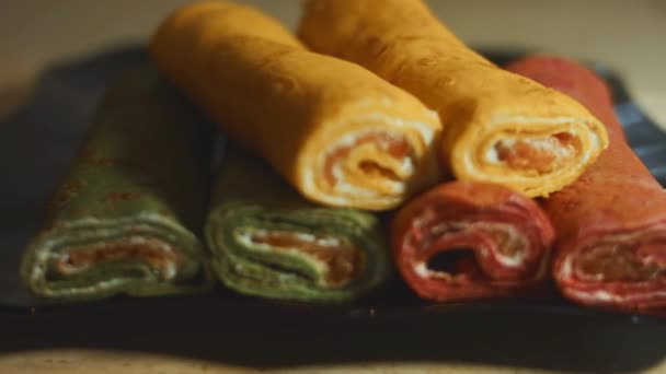 Thin Tasty Colorful Pancakes Macro View Red Yellow Green Rolled — Stock Video