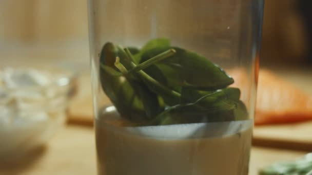 Mixing Pancake Batter Fresh Spinach Leaves Hand Blender Process Preparing — Stock Video