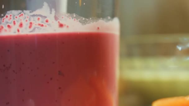 Adding Rubbed Beet Pancake Batter Glass Mixing Ingredients Hand Blender — Stockvideo