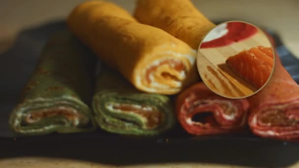 Thin Tasty Colorful Pancakes Macro View Red Yellow Green Rolled — Stockvideo