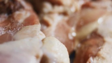 Eldivenli ellerin yakın plan görüntüsü tavuk bacağını bir kutudan ayrı plastik poşetlere paketliyor. Evde daha fazla kullanılmak üzere dondurulmuş etin süreci. 4K video.