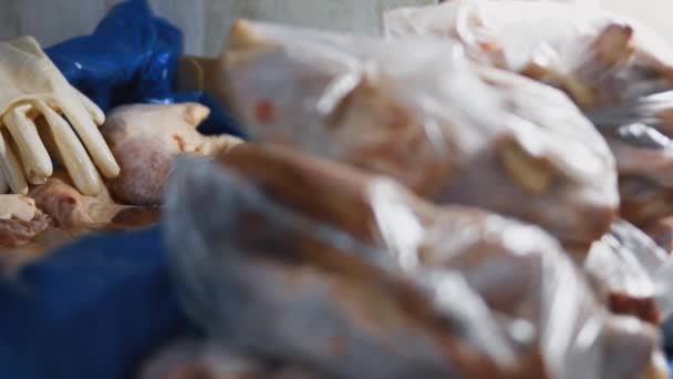Közelkép Kezekről Kesztyűben Amint Csirkelábakat Csomagolnak Egy Dobozból Egyedi Műanyag — Stock videók