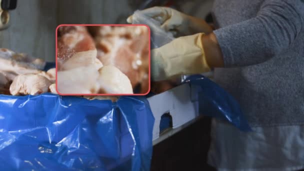 Eldivenli Ellerin Yakın Plan Görüntüsü Tavuk Bacağını Bir Kutudan Ayrı — Stok video