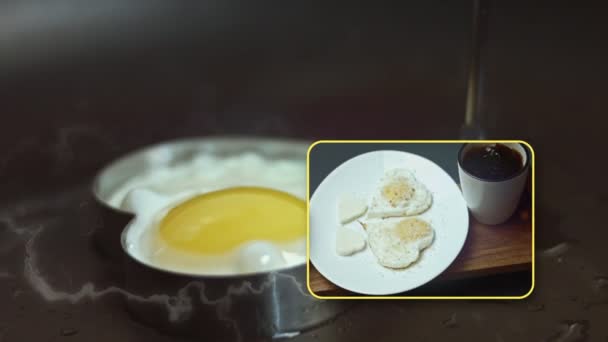 揚げ鶏の卵パルミジャーノとモッツァレラチーズ 心の形で形 ホットコーヒーと砂糖をマグカップに混ぜる バレンタインデーの食べ物は 愛する人にとって驚くべきものです 4Kビデオ — ストック動画
