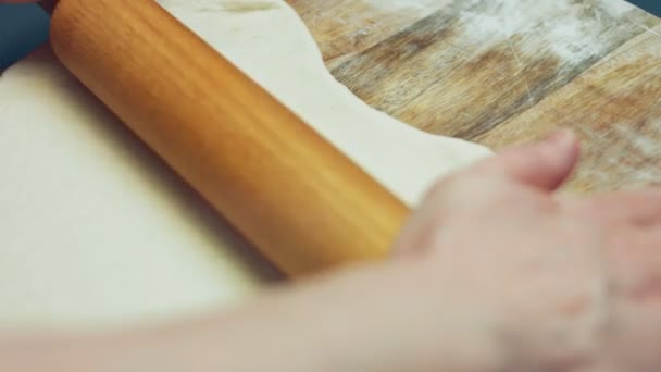 Rolling Out Fresh Dough Tuna Pizza Wooden Cutting Board Preparing — Stock Video