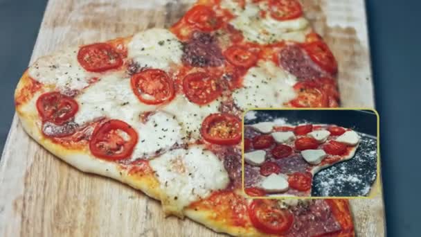 Τοποθετώντας Μια Ζεστή Πίτσα Σχήμα Καρδιάς Στον Ξύλινο Πίνακα Γεύμα — Αρχείο Βίντεο