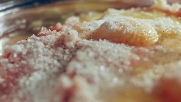 用盐和黑胡椒调味后 金属碗里塞满了肉 后来居上的烹调小刀的过程 — 图库视频影像
