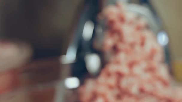 Closeup Minced Meat Scrolled Meat Grinder Sieve Meat Grinder Works — Stock Video