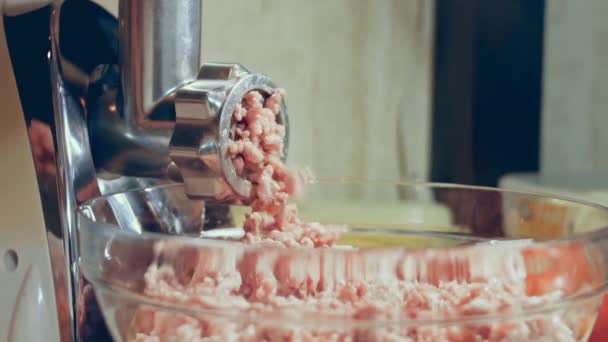 Closeup Minced Meat Scrolled Meat Grinder Sieve Meat Grinder Works — Stock Video