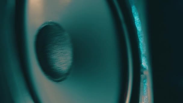专业音响扬声器的振动扬声器膜片紧密相连 Hifi系统的音乐家 音乐工作室的顶级演说家 柔和的光 — 图库视频影像